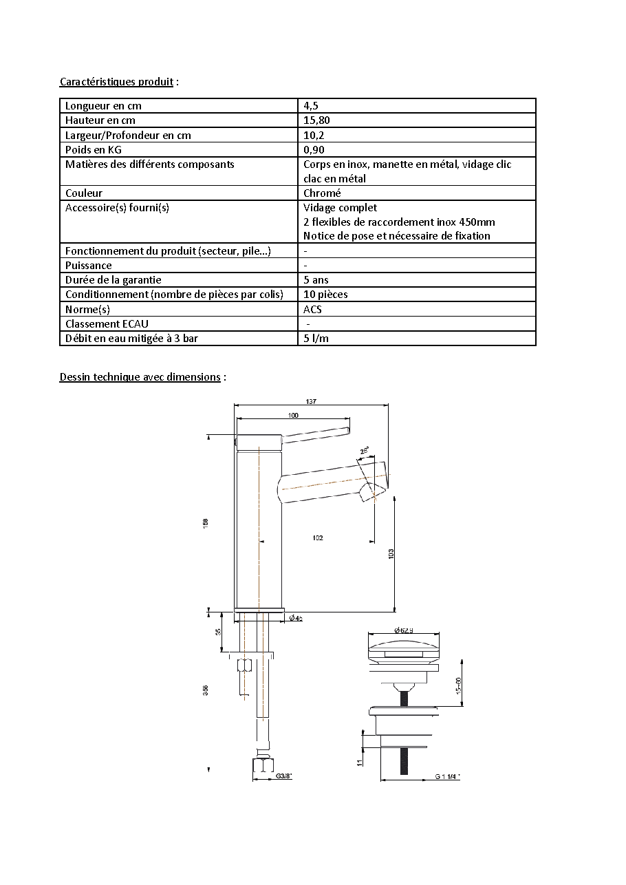 Fiche technique fournisseur