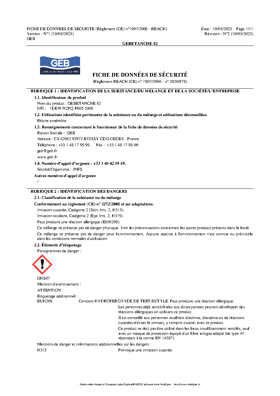 Fiche technique fournisseur