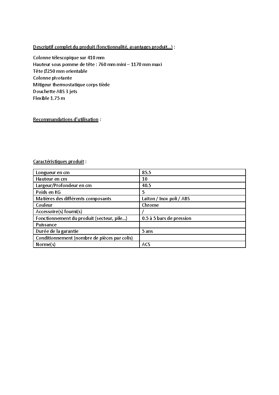 Fiche technique fournisseur