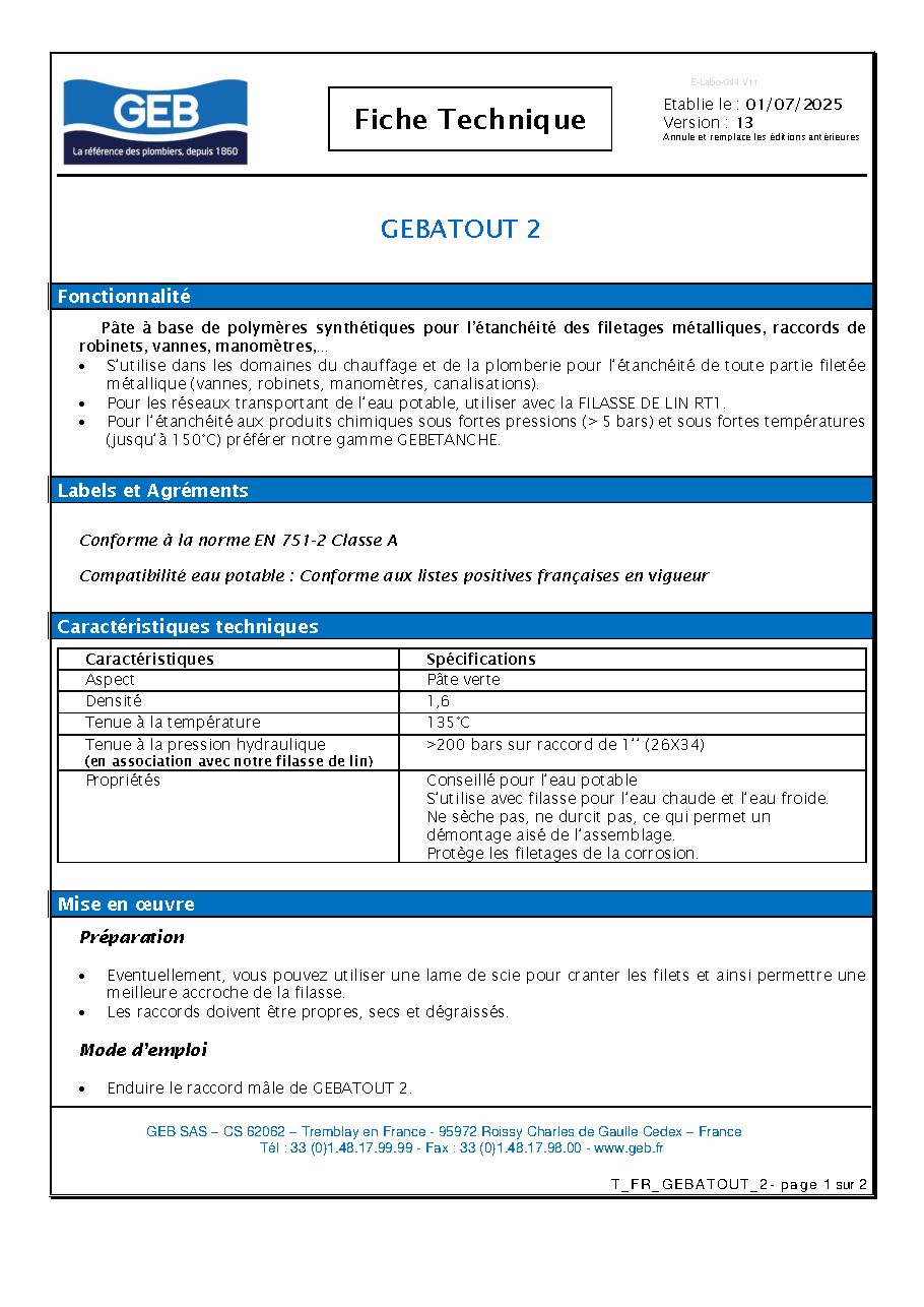 Fiche technique fournisseur