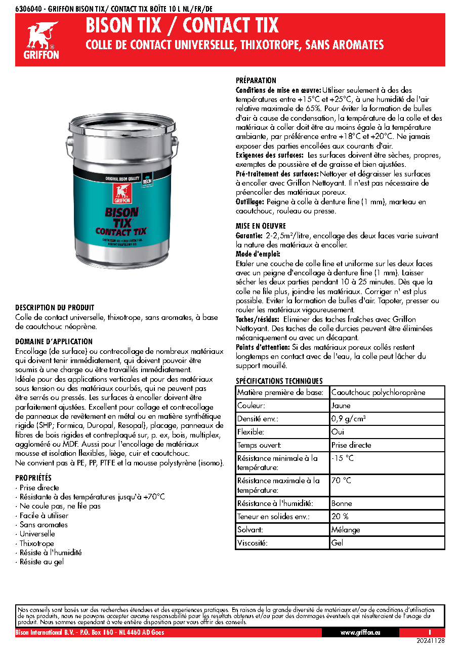 Fiche technique fournisseur