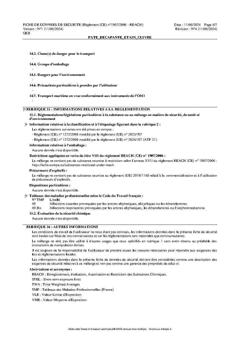 Fiche technique fournisseur