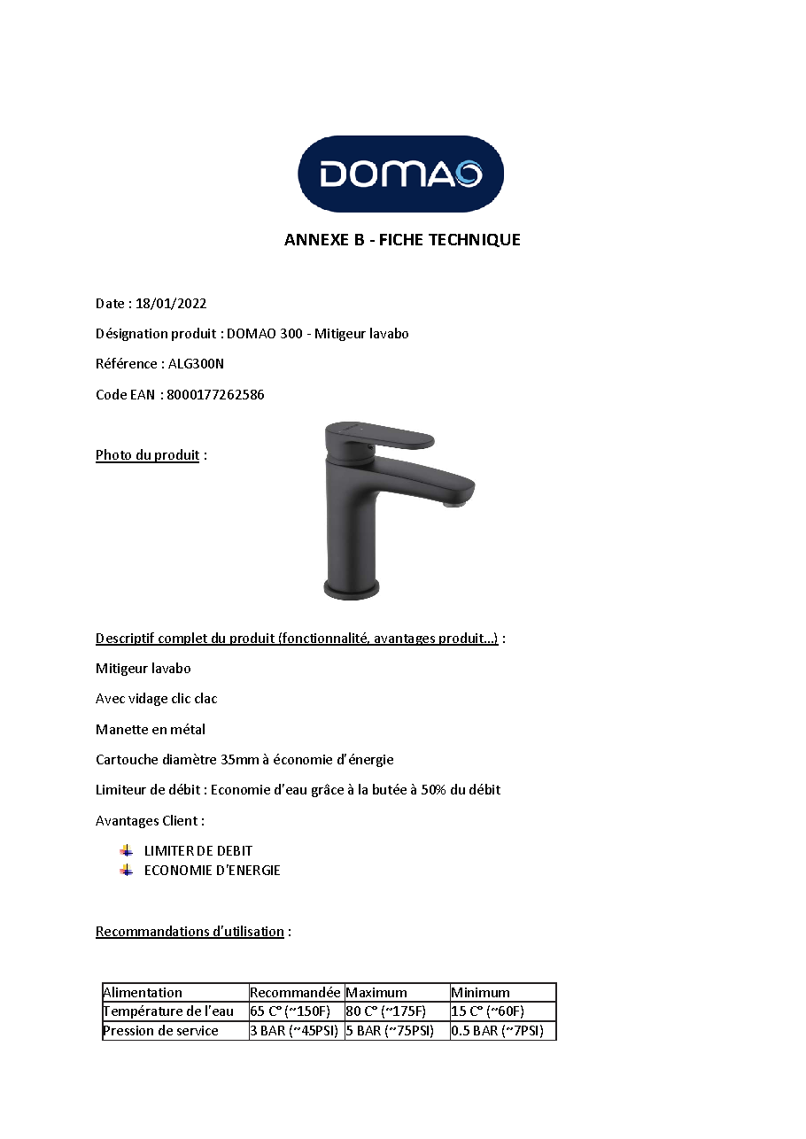 Fiche technique fournisseur