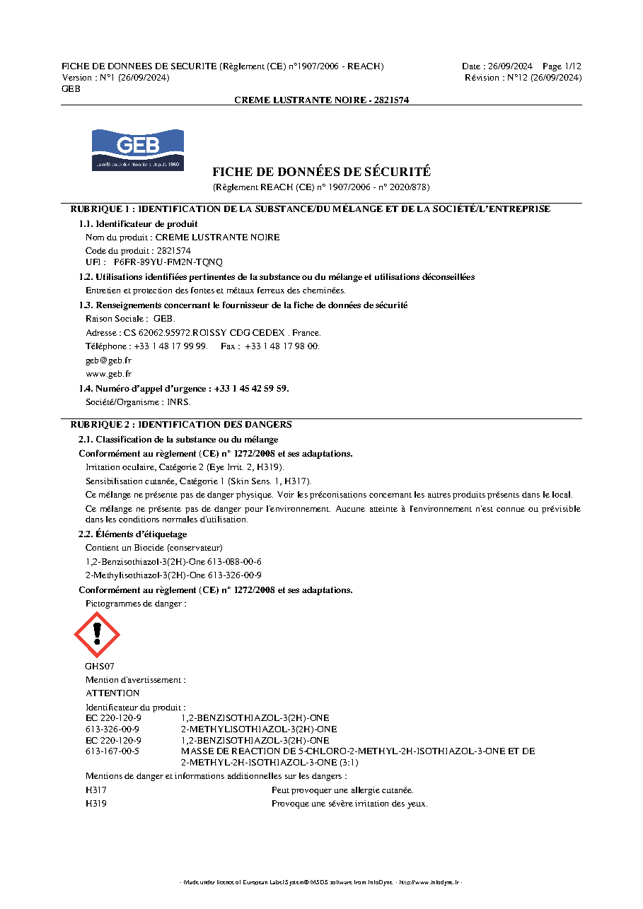 Fiche technique fournisseur