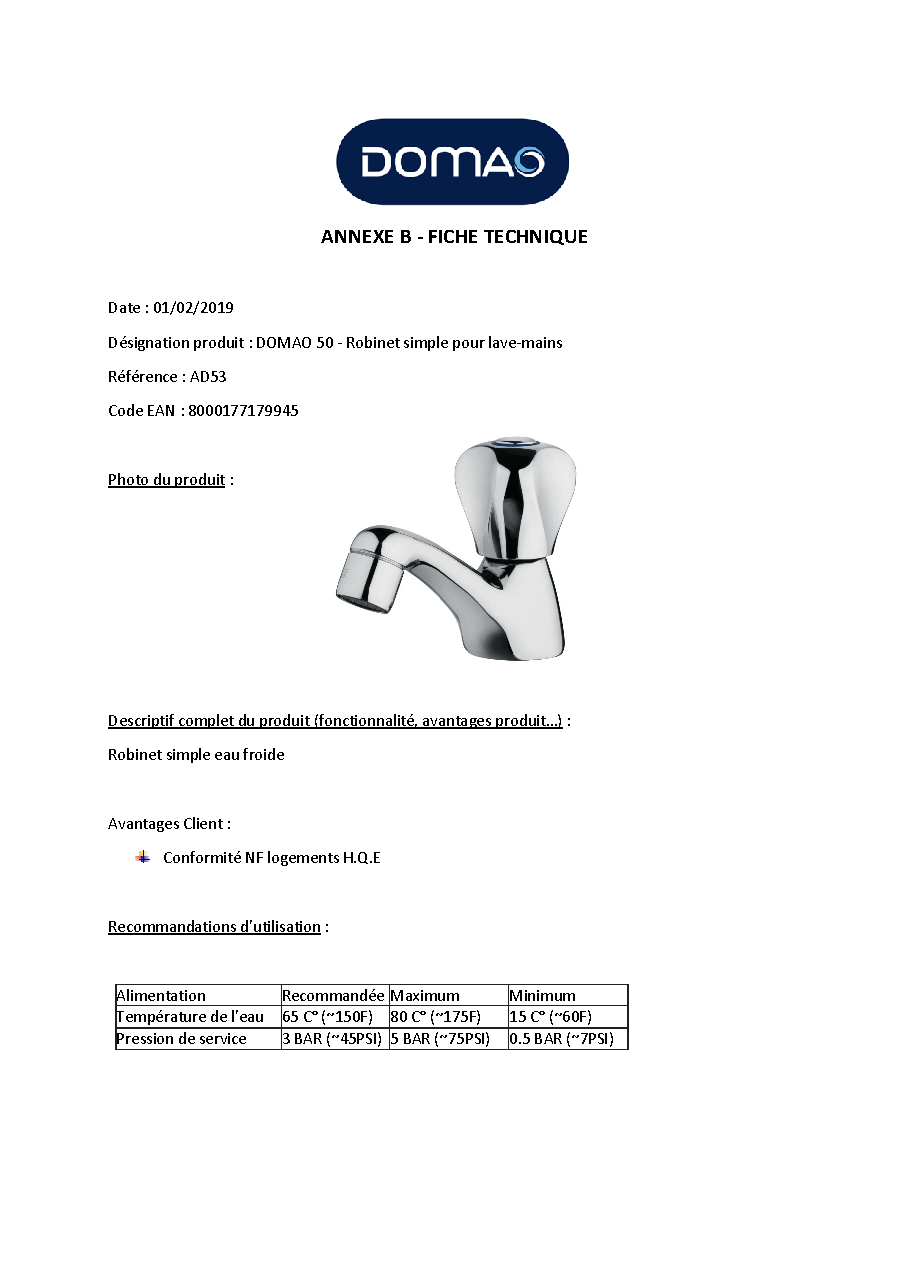 Fiche technique fournisseur