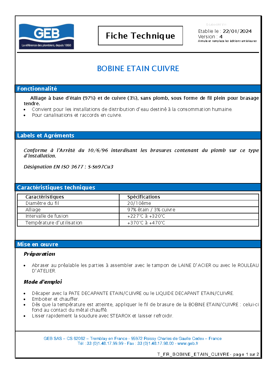Fiche technique fournisseur