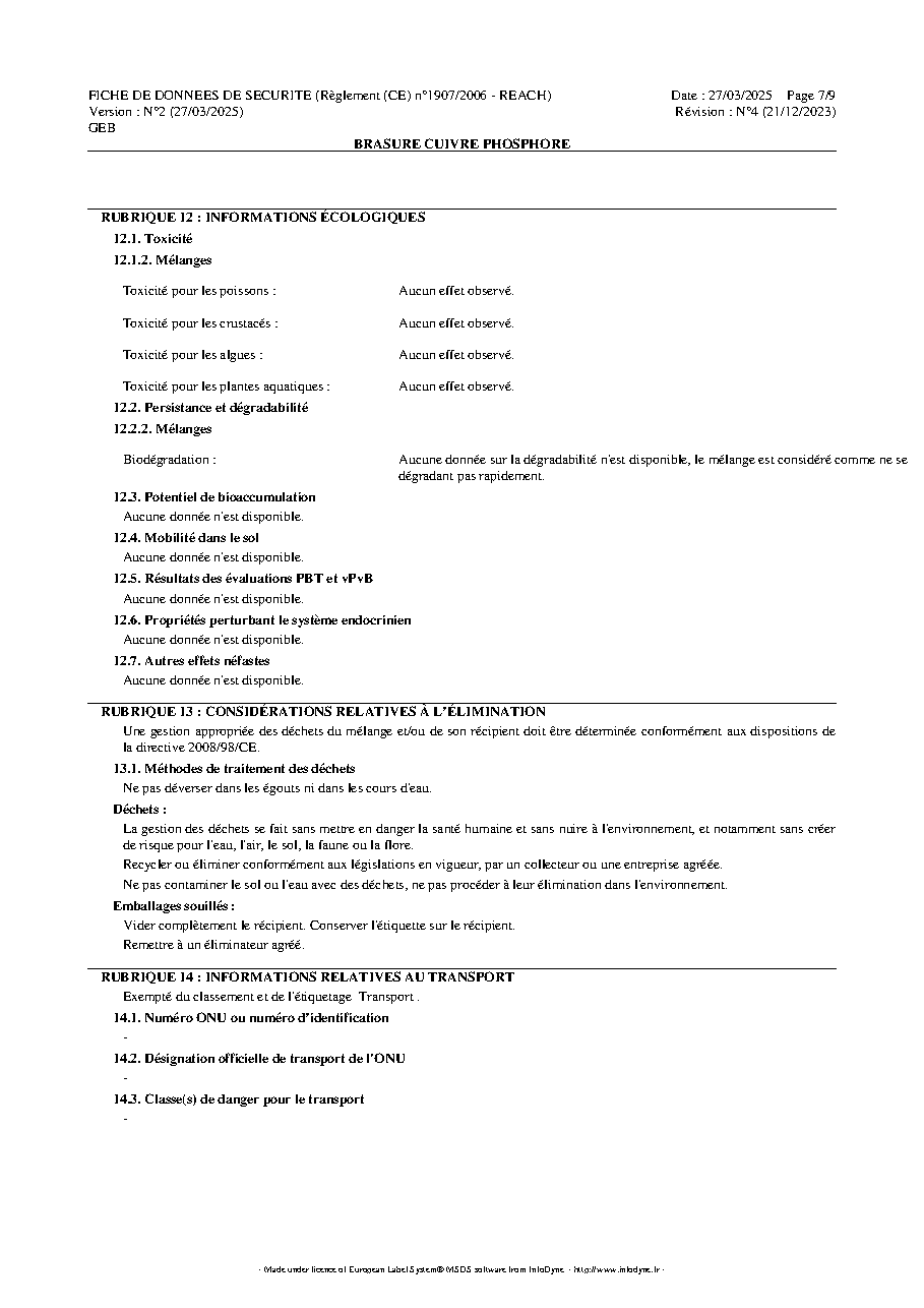 Fiche technique fournisseur