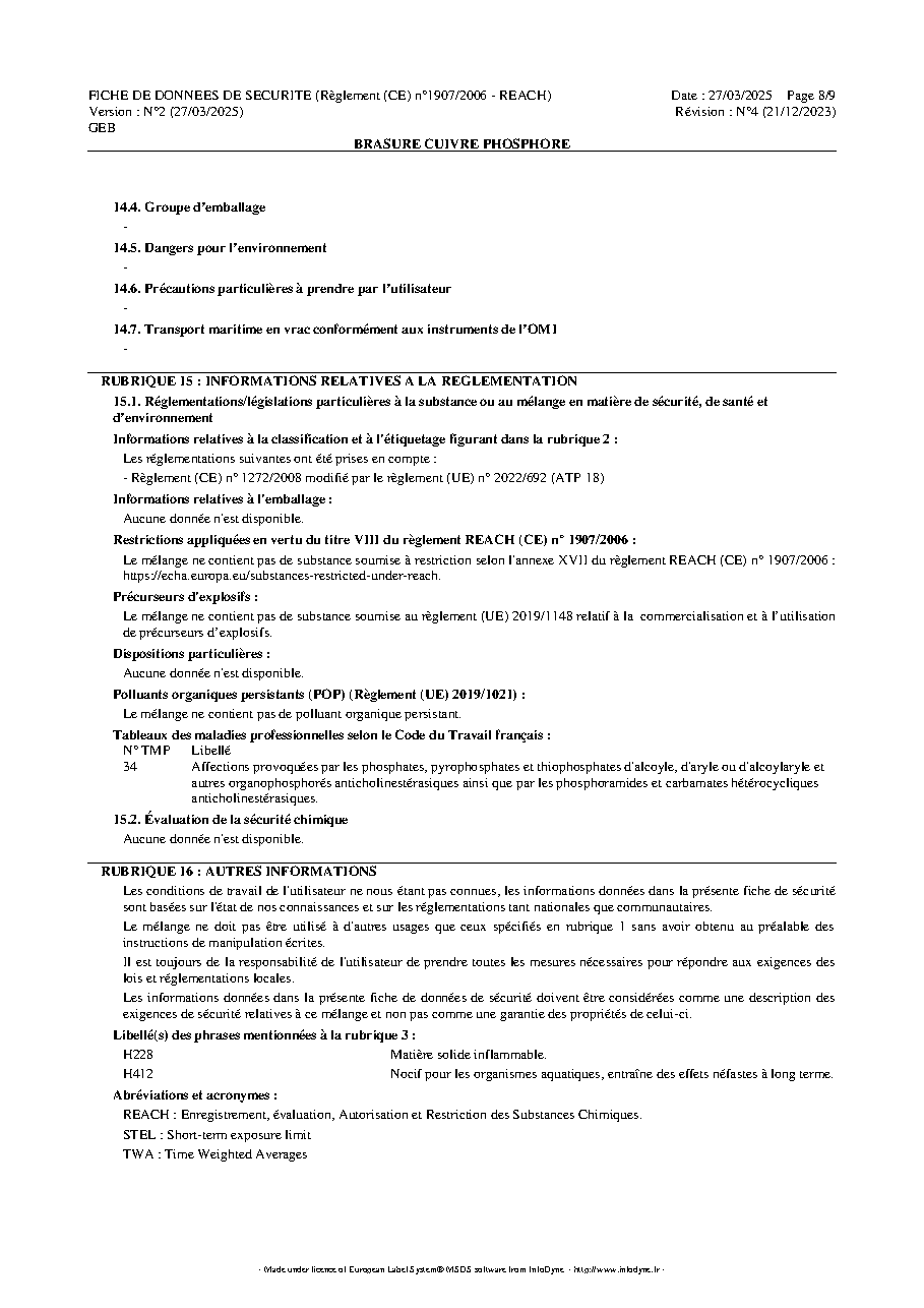 Fiche technique fournisseur