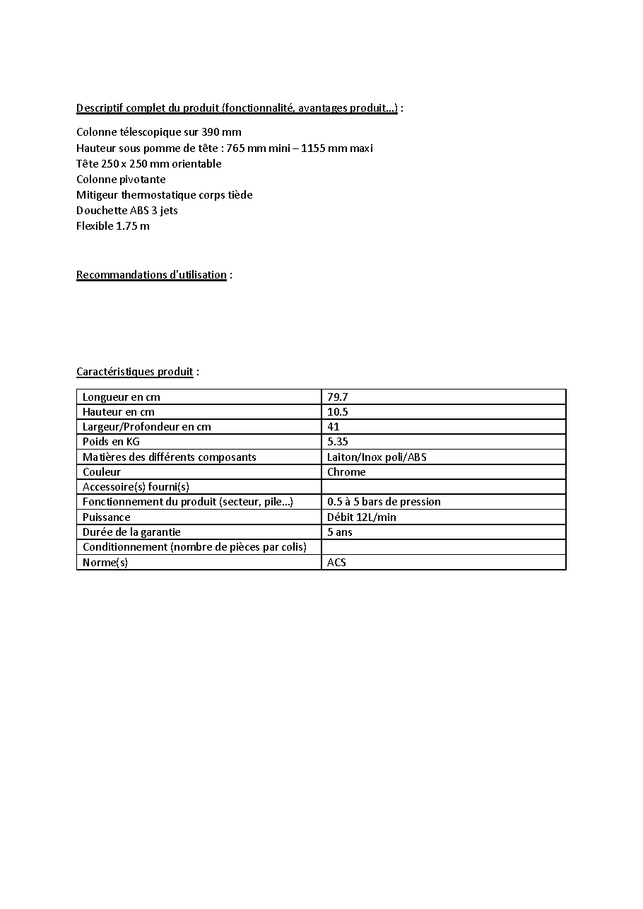 Fiche technique fournisseur