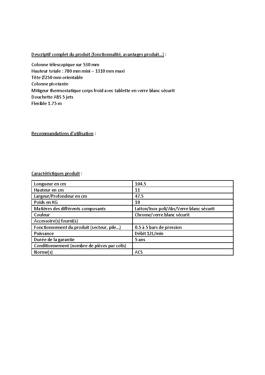 Fiche technique fournisseur