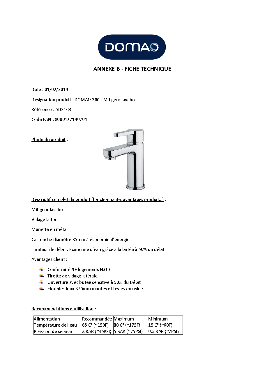 Fiche technique fournisseur