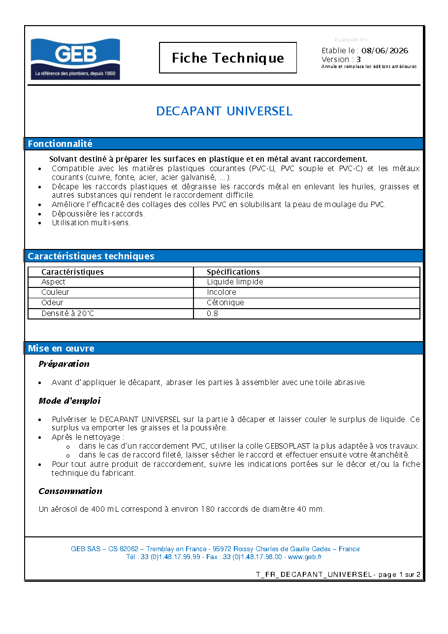 Fiche technique fournisseur