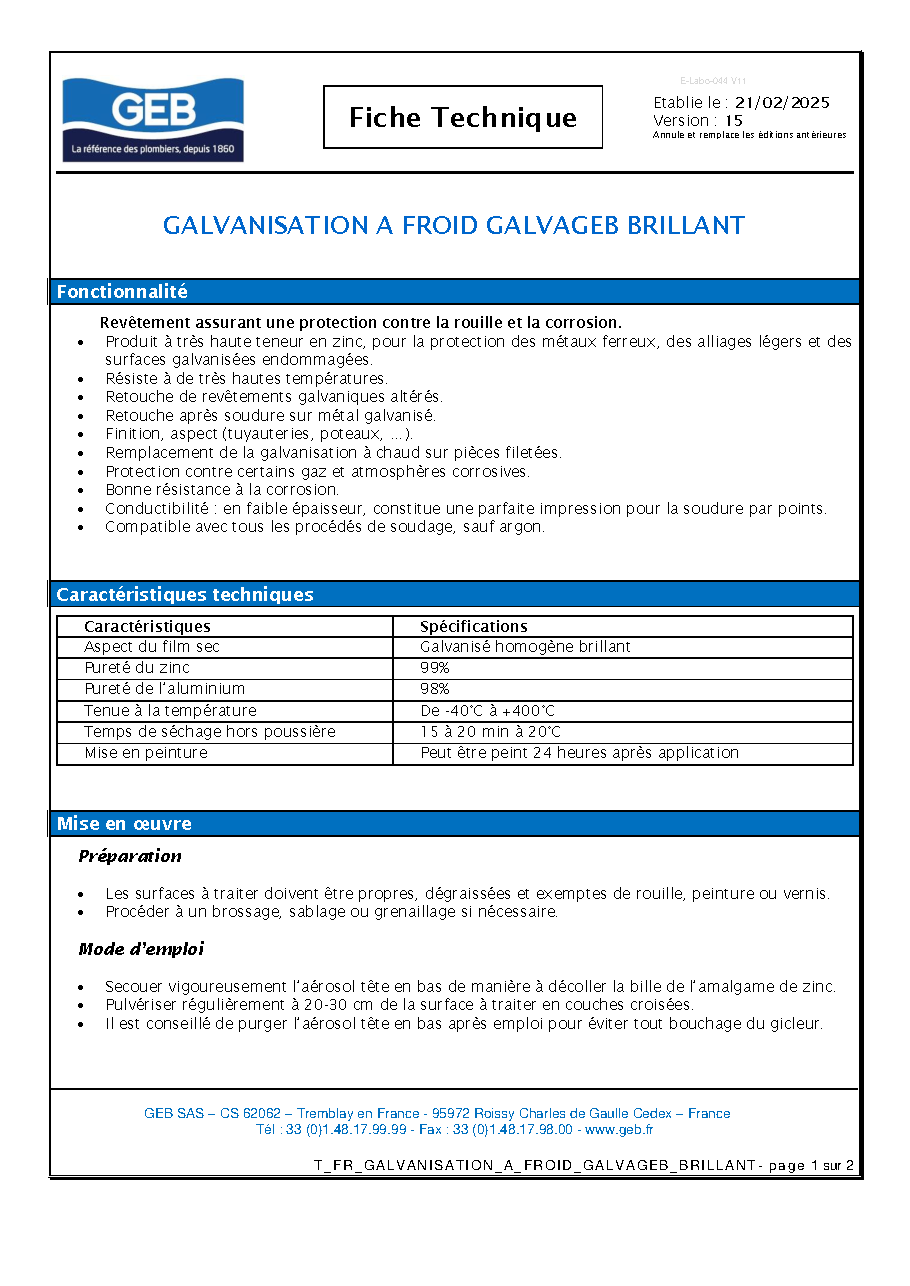 Fiche technique fournisseur