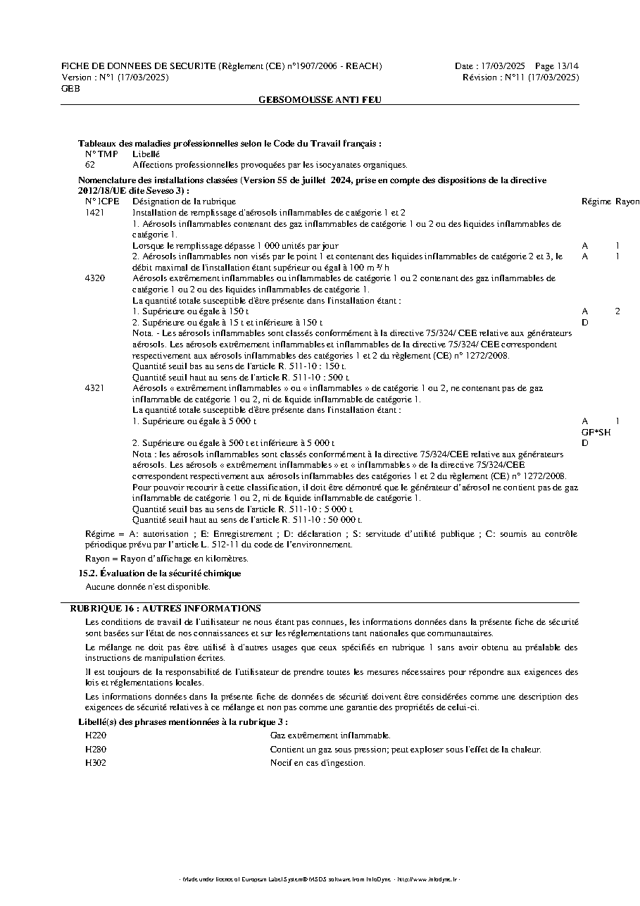 Fiche technique fournisseur