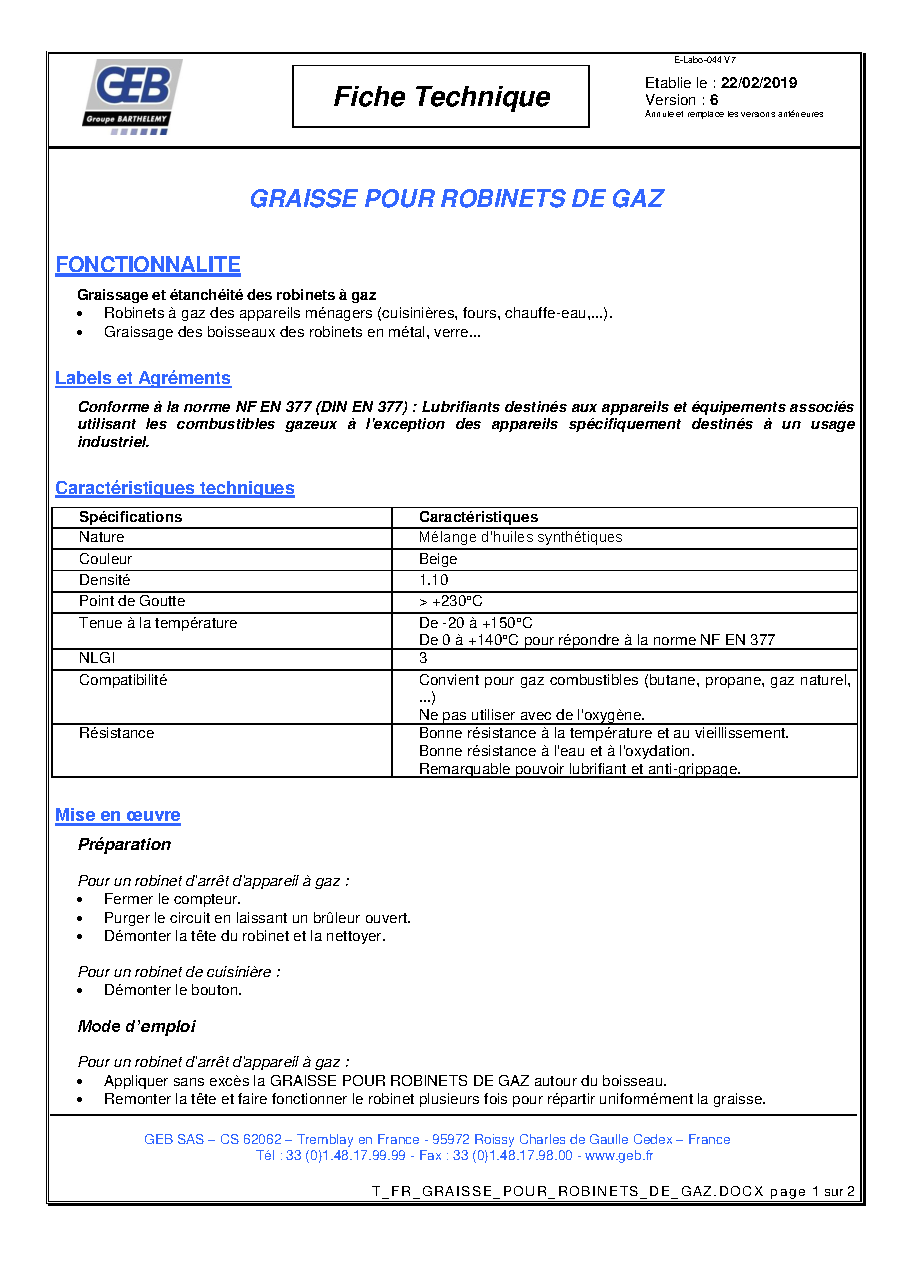Fiche technique fournisseur
