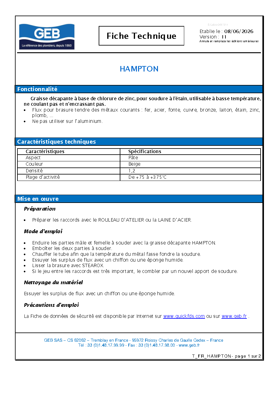 Fiche technique fournisseur