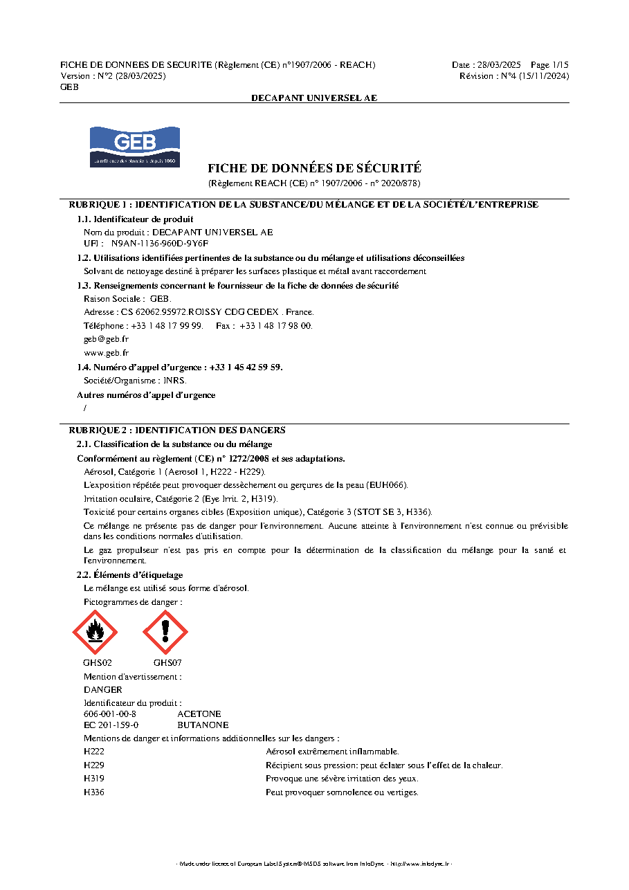Fiche technique fournisseur