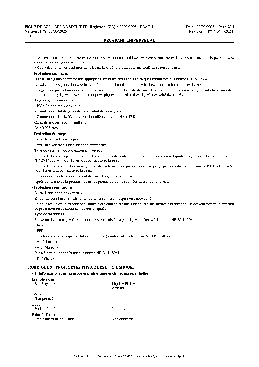 Fiche technique fournisseur