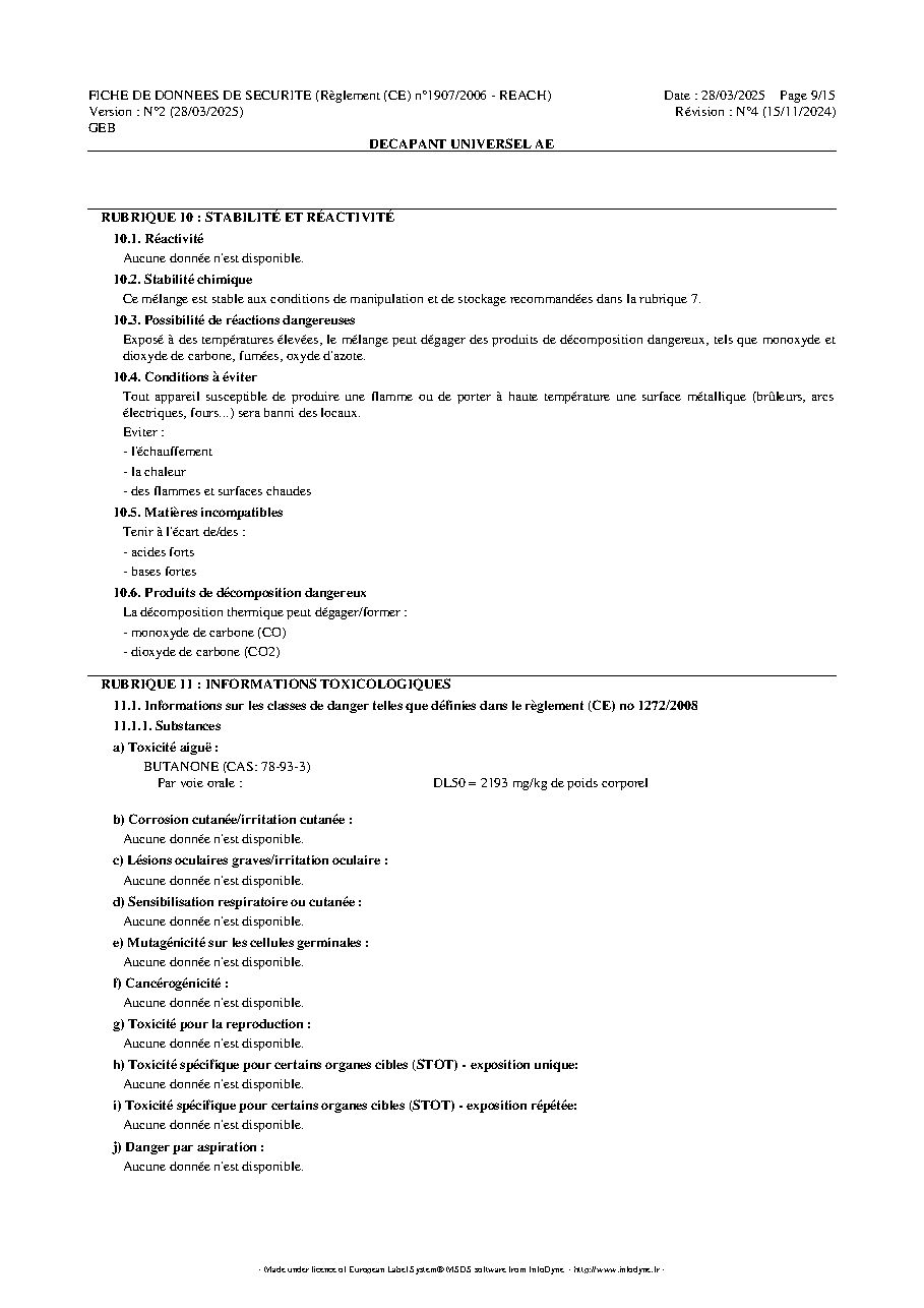 Fiche technique fournisseur