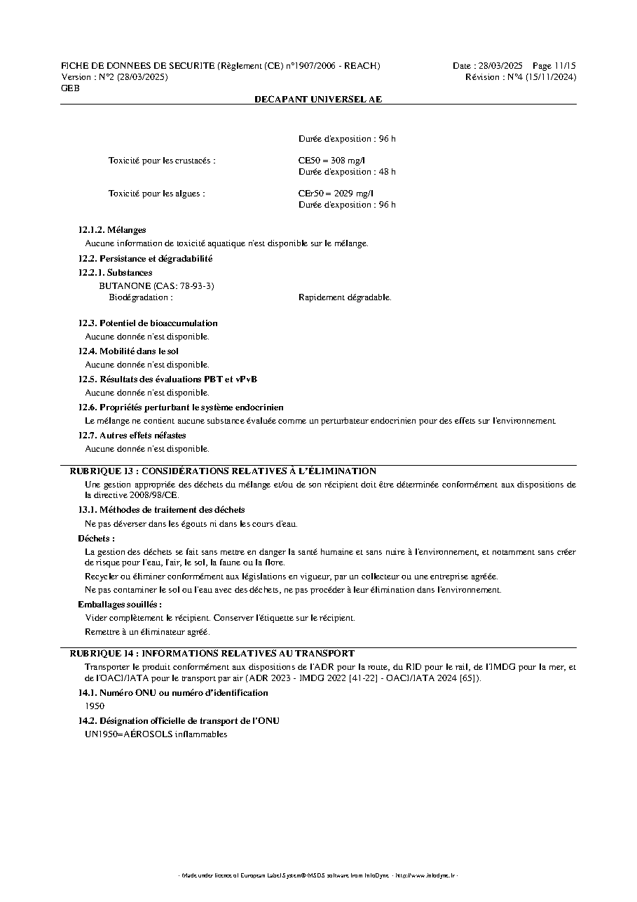 Fiche technique fournisseur