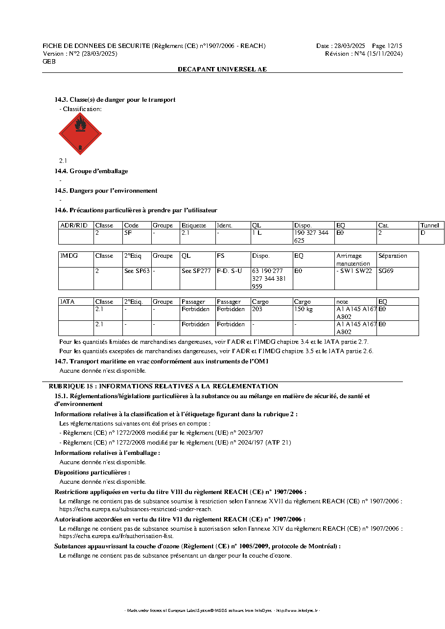 Fiche technique fournisseur