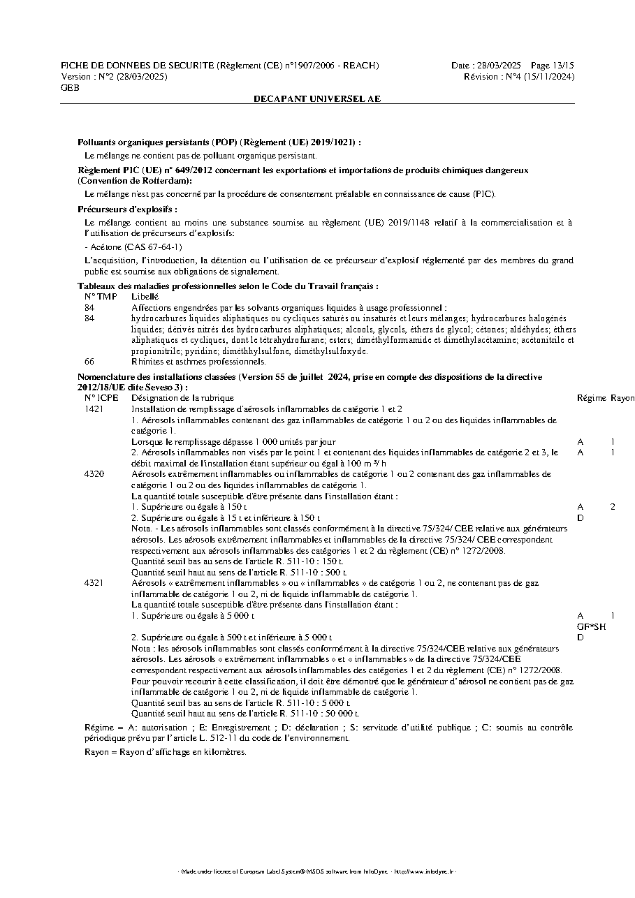 Fiche technique fournisseur