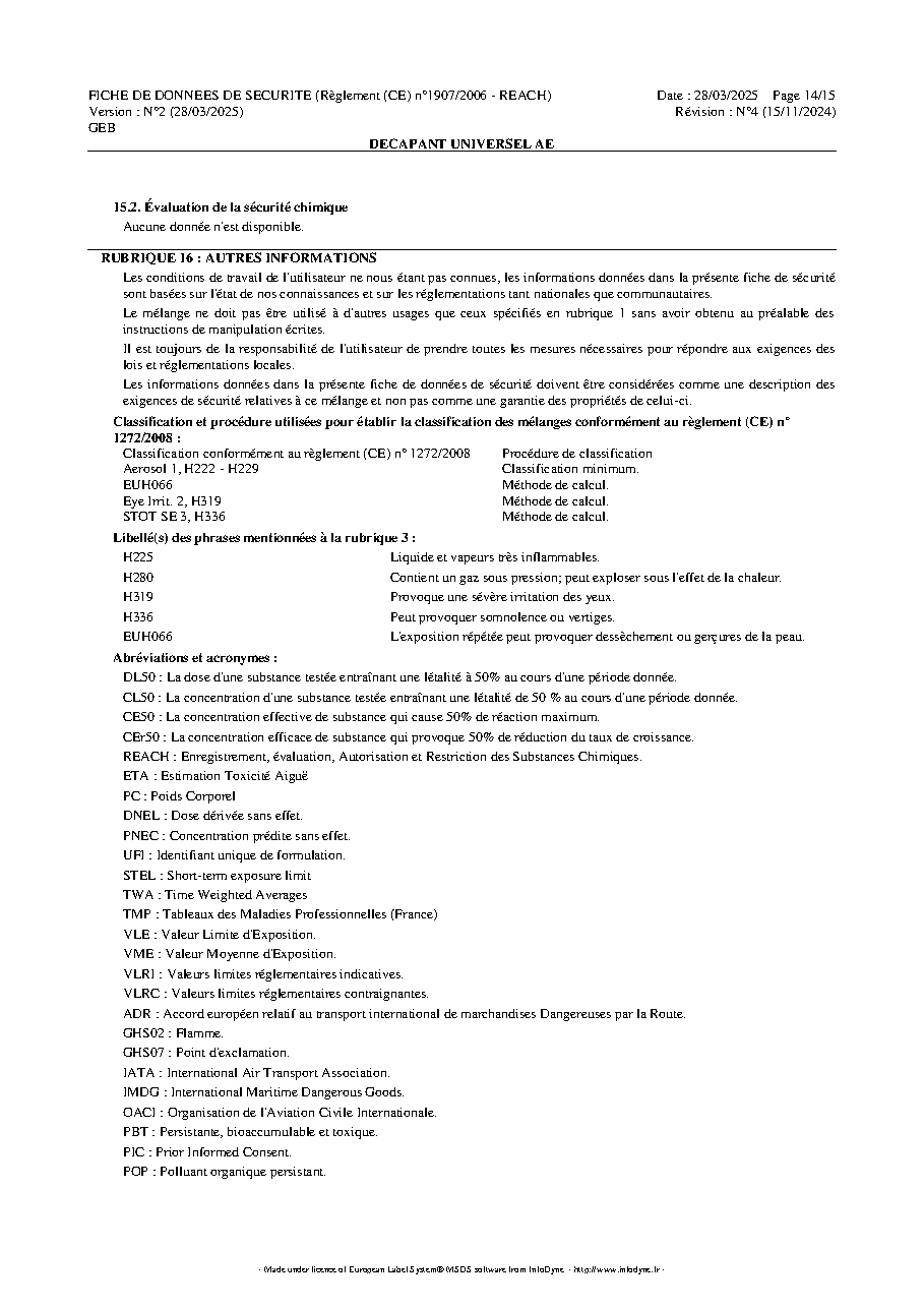 Fiche technique fournisseur