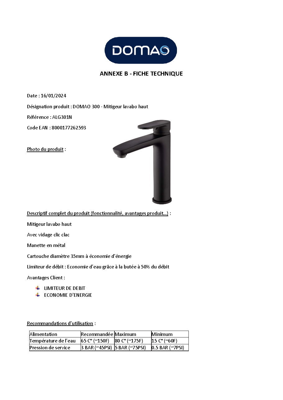 Fiche technique fournisseur