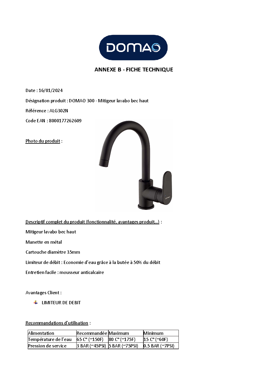 Fiche technique fournisseur
