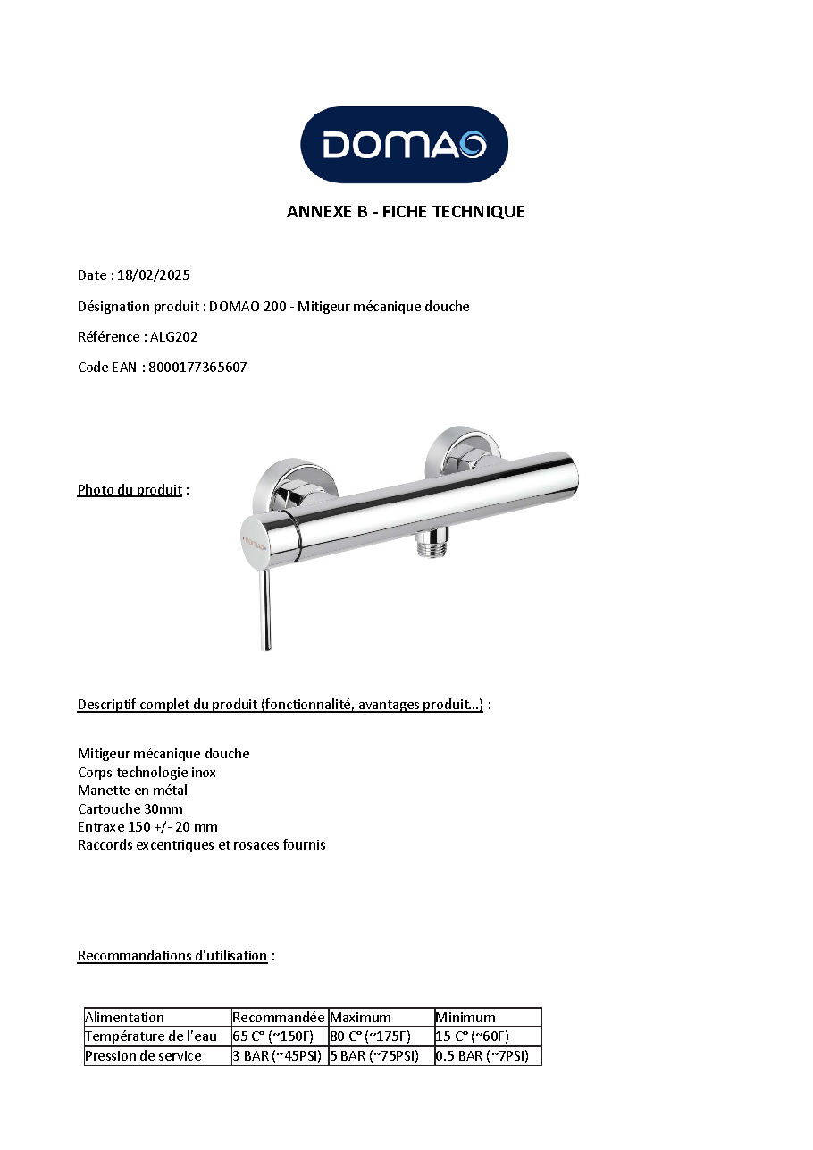 Fiche technique fournisseur
