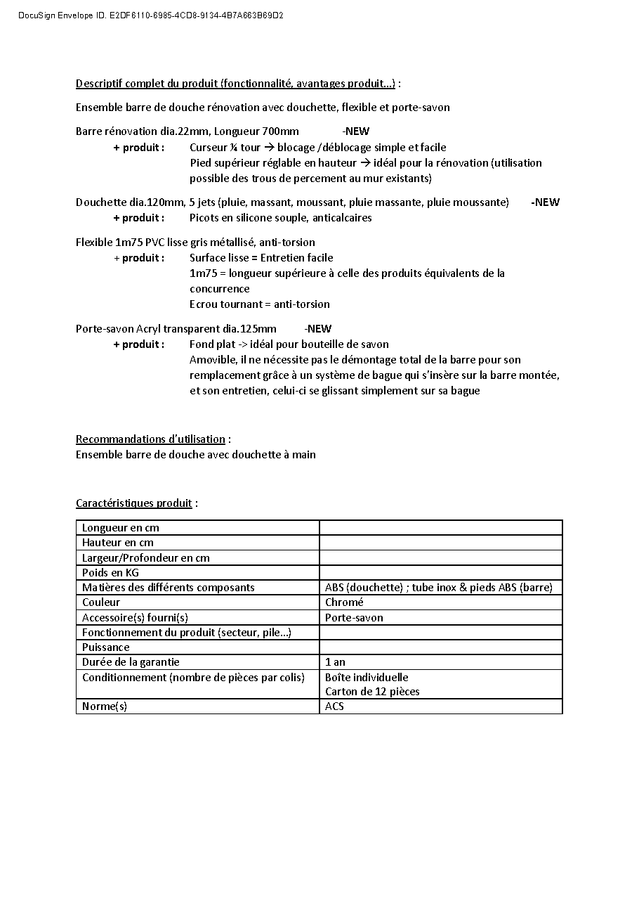 Fiche technique fournisseur