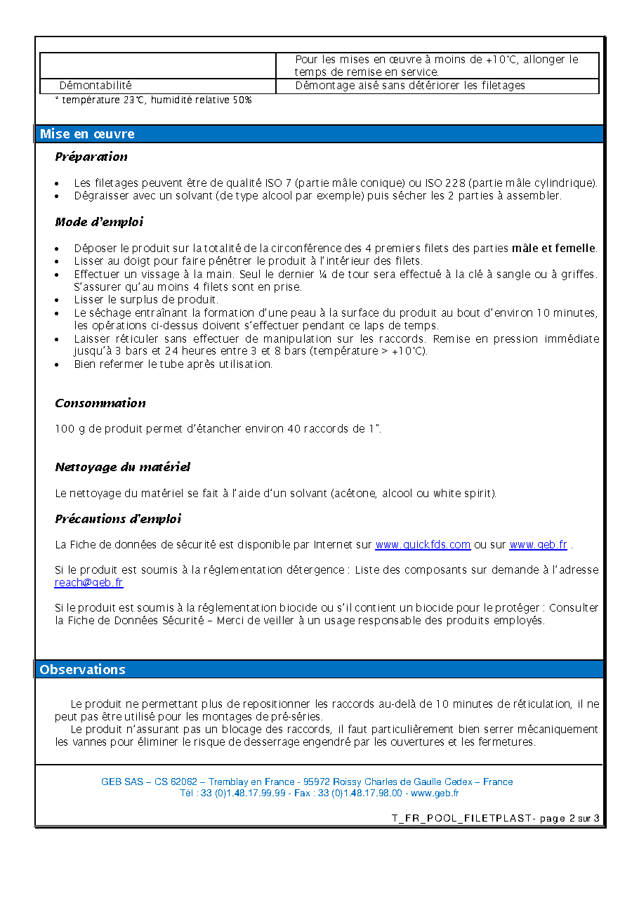 Fiche technique fournisseur