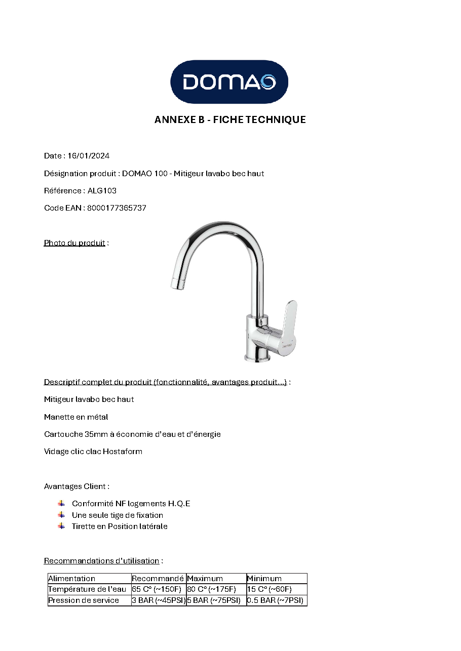 Fiche technique fournisseur