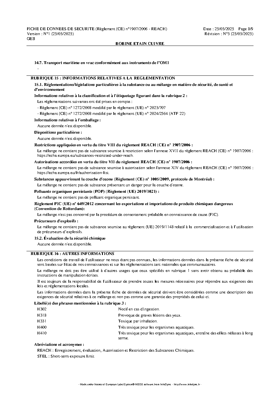 Fiche technique fournisseur