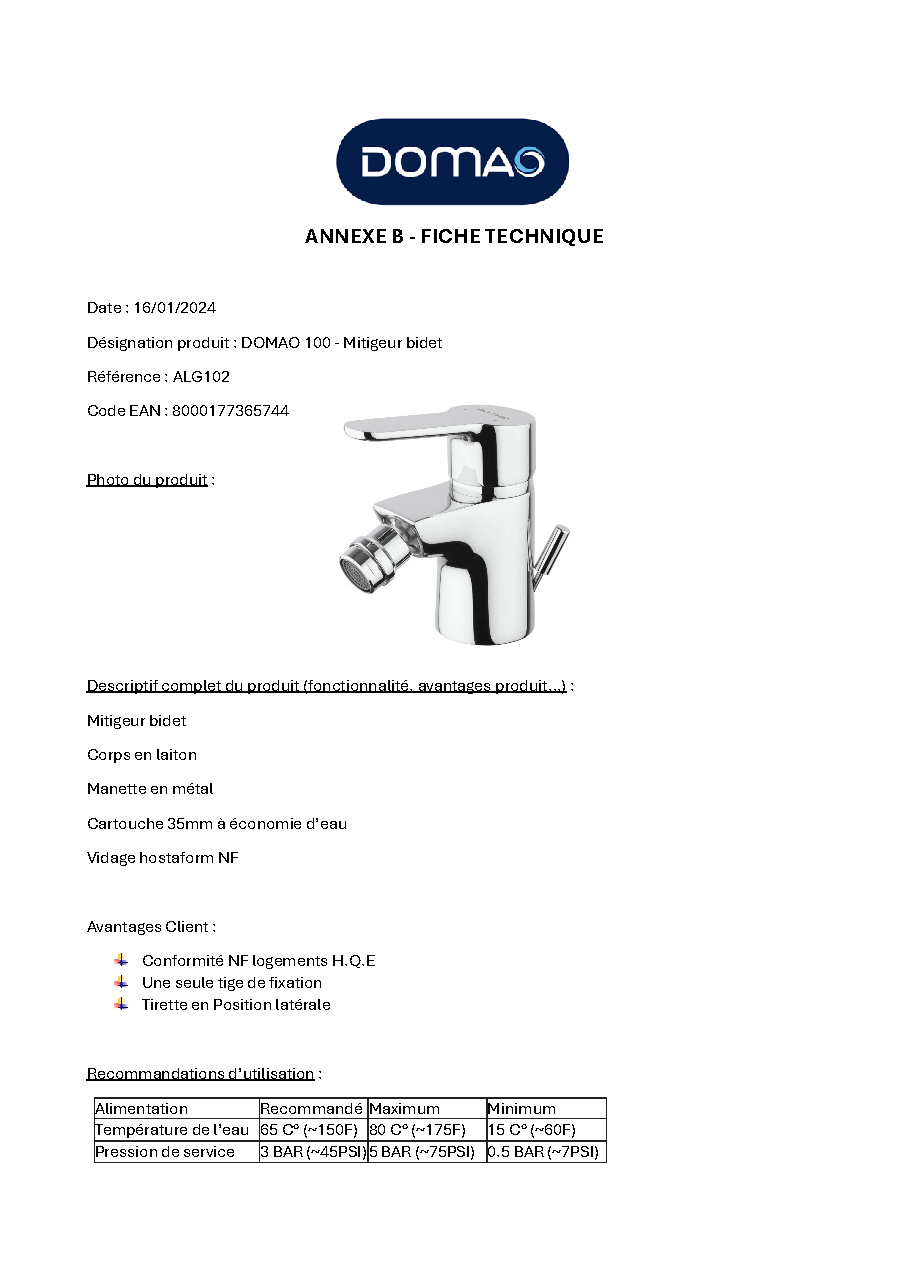 Fiche technique fournisseur