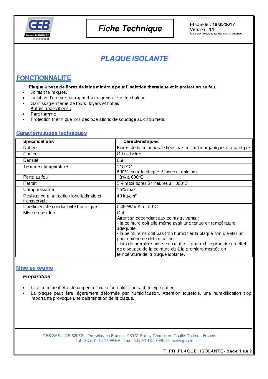 Fiche technique fournisseur