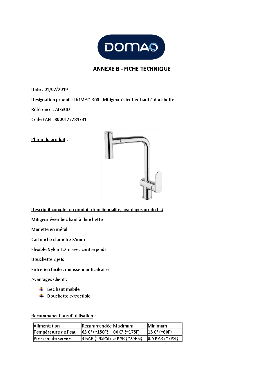 Fiche technique fournisseur