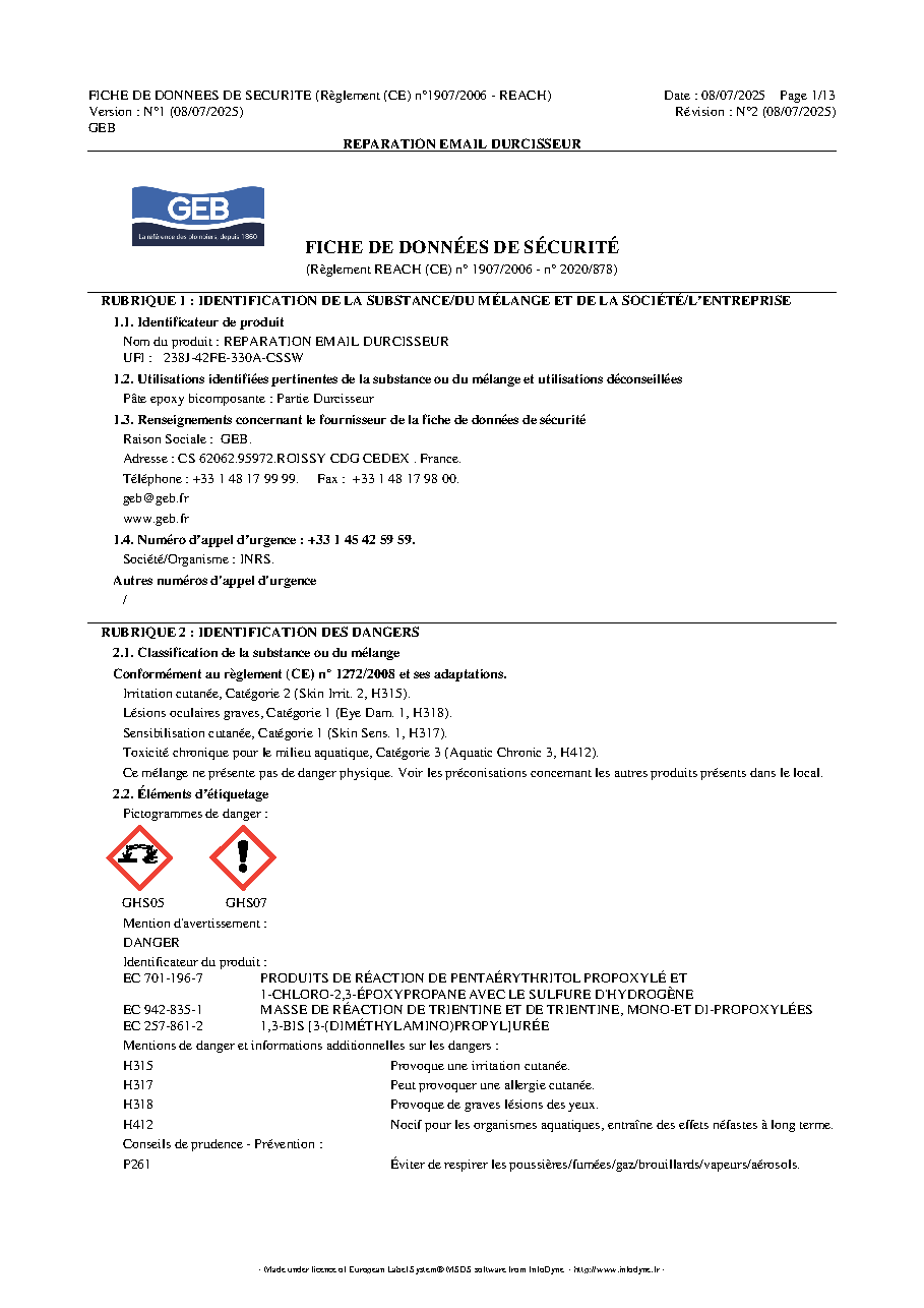 Fiche technique fournisseur
