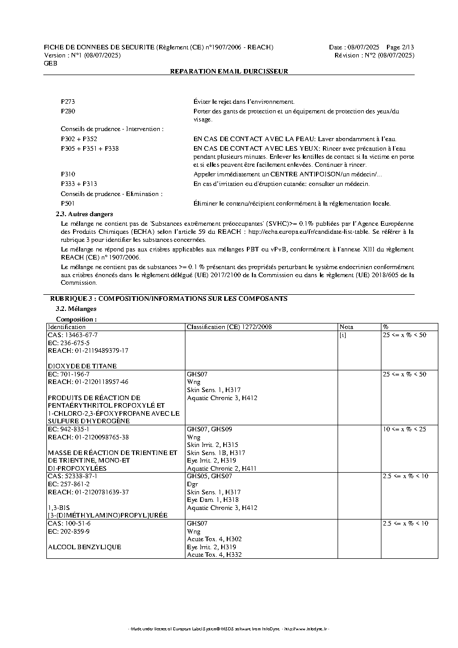 Fiche technique fournisseur