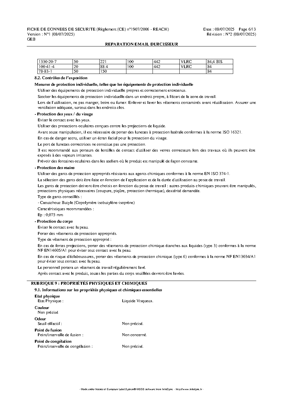 Fiche technique fournisseur