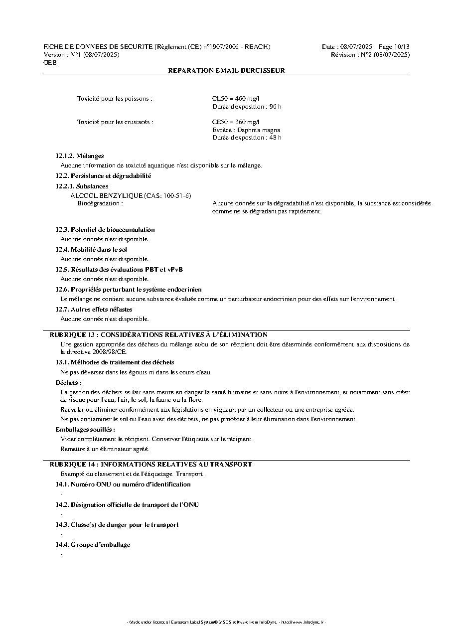 Fiche technique fournisseur