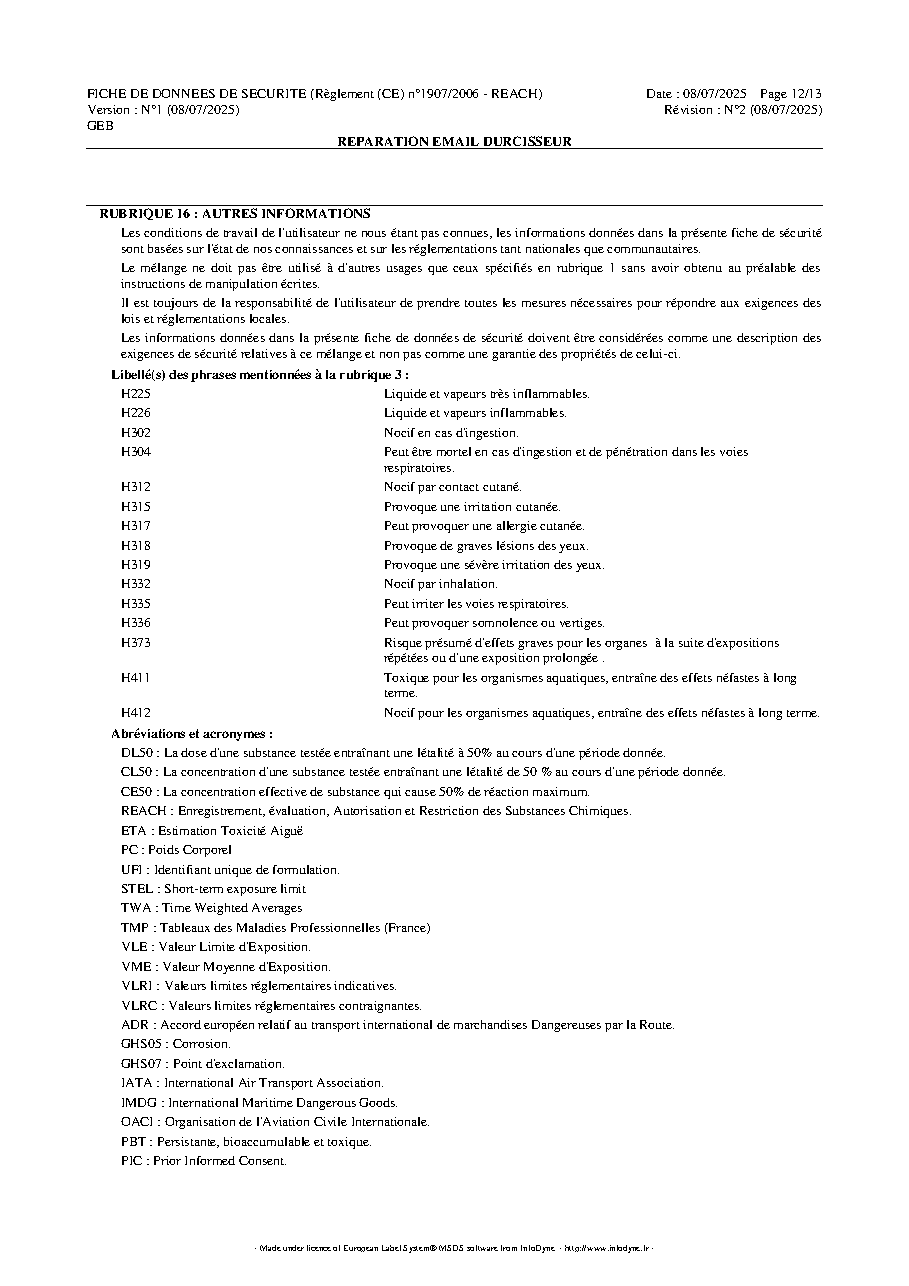 Fiche technique fournisseur