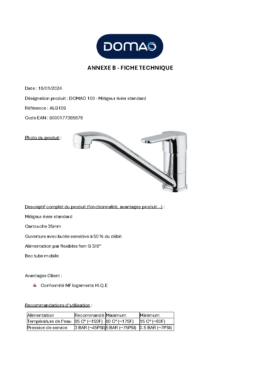 Fiche technique fournisseur