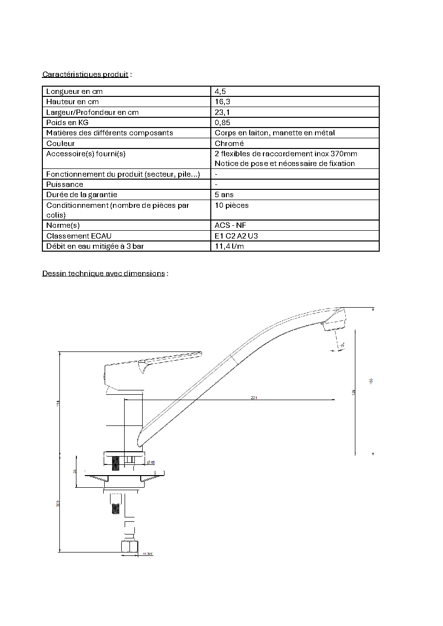 Fiche technique fournisseur