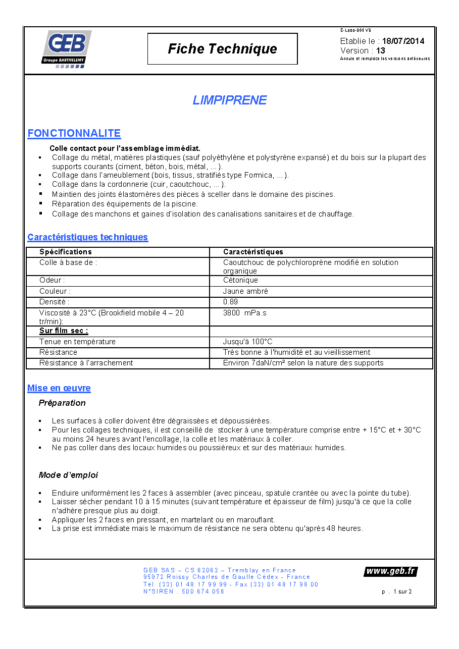 Fiche technique fournisseur