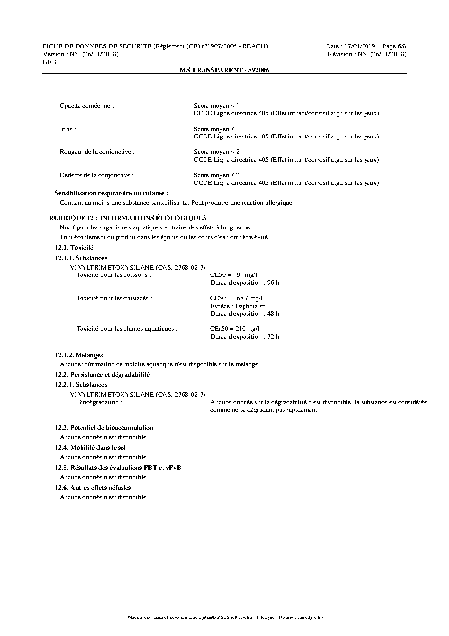 Fiche technique fournisseur