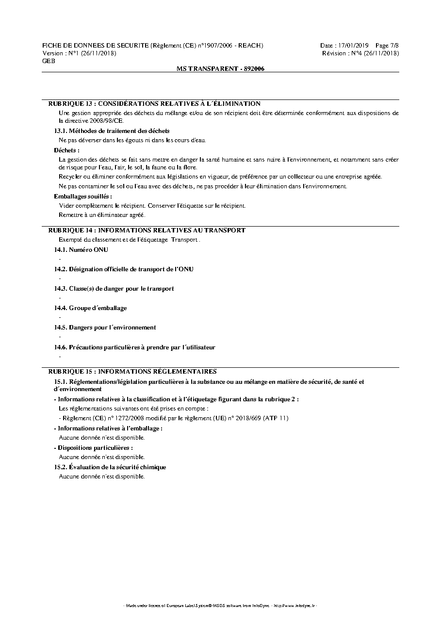 Fiche technique fournisseur