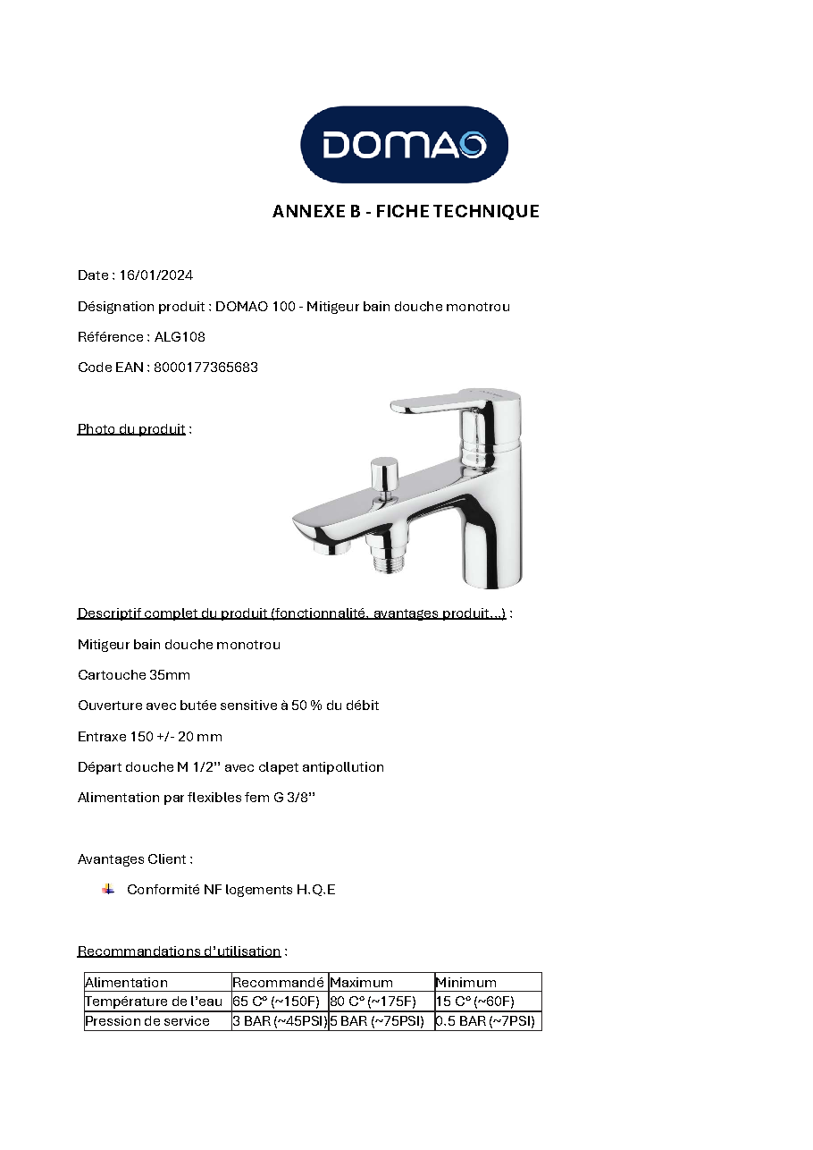 Fiche technique fournisseur