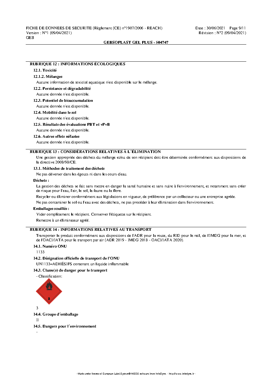 Fiche technique fournisseur