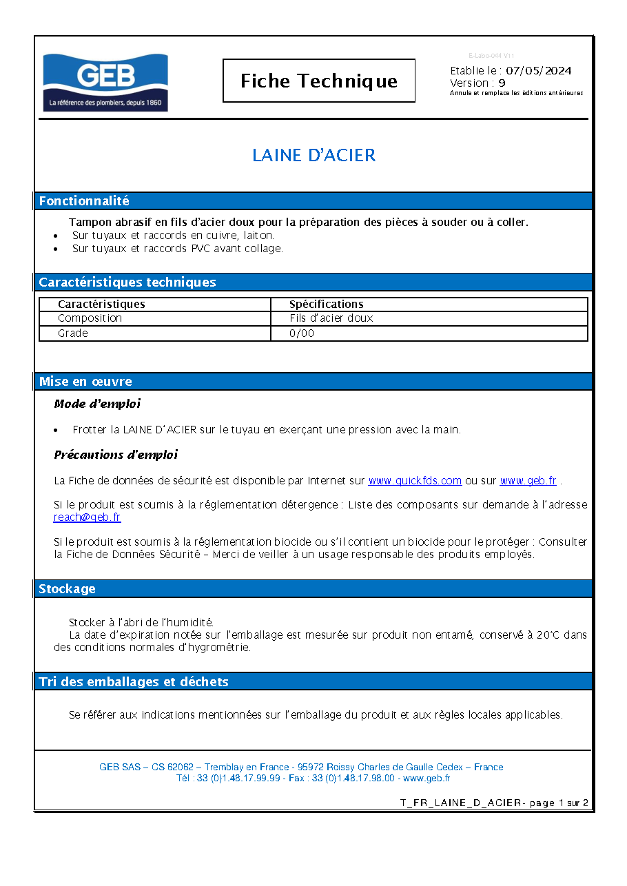 Fiche technique fournisseur